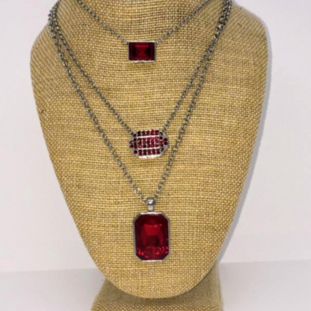 Silver 3 Drop Ruby Red Rhinestone Necklace1292 - image 1